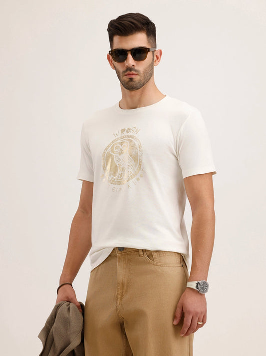 WROGN Men Off-White Graphic Printed Pure Cotton Slim Fit T-Shirt