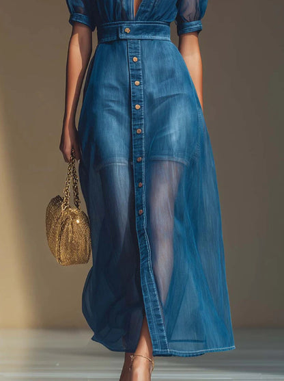 Exquisite And Fashionable Front-Button V-Neck Short-Sleeve Jacket, Organza Blue Faux Denim Long Skirt