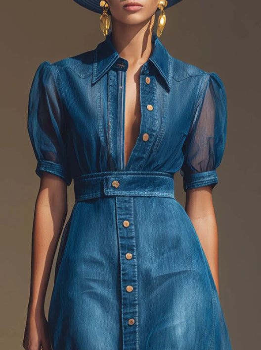 Exquisite And Fashionable Front-Button V-Neck Short-Sleeve Jacket, Organza Blue Faux Denim Long Skirt