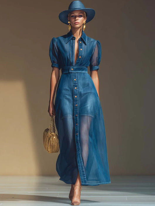 Exquisite And Fashionable Front-Button V-Neck Short-Sleeve Jacket, Organza Blue Faux Denim Long Skirt