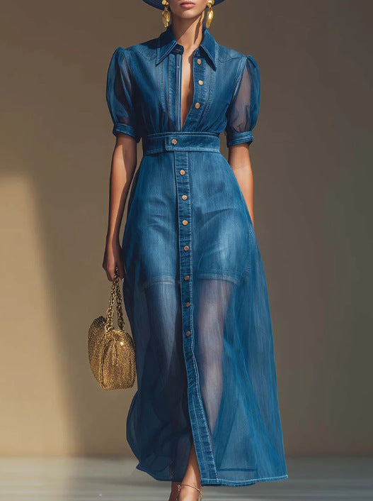 Exquisite And Fashionable Front-Button V-Neck Short-Sleeve Jacket, Organza Blue Faux Denim Long Skirt