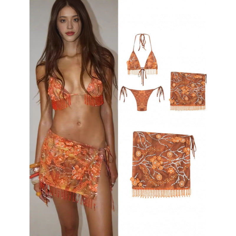 Women's Clothing New Summer Beach Vacation Style Bikini Tassel Skirt Set